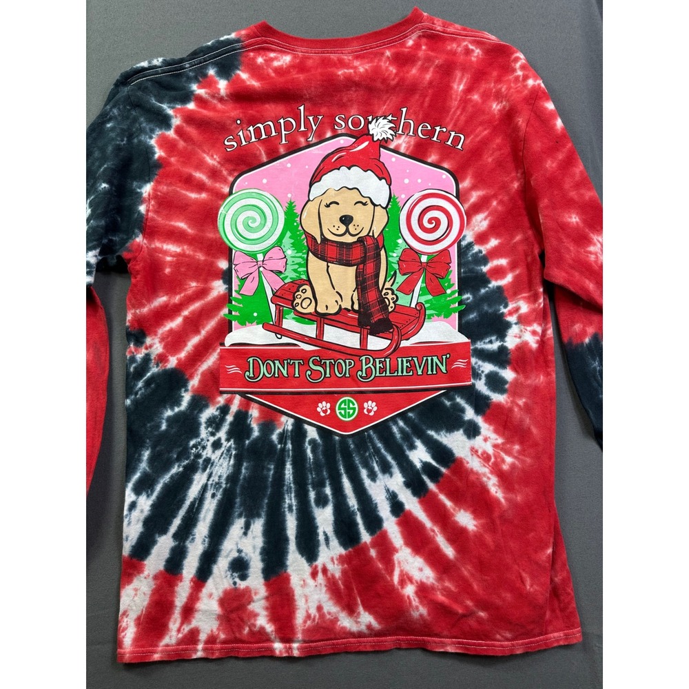 Simply Southern Christmas Dog Tie Dye Long Sleeve Shirt Red Black Large - Picture 2 of 11